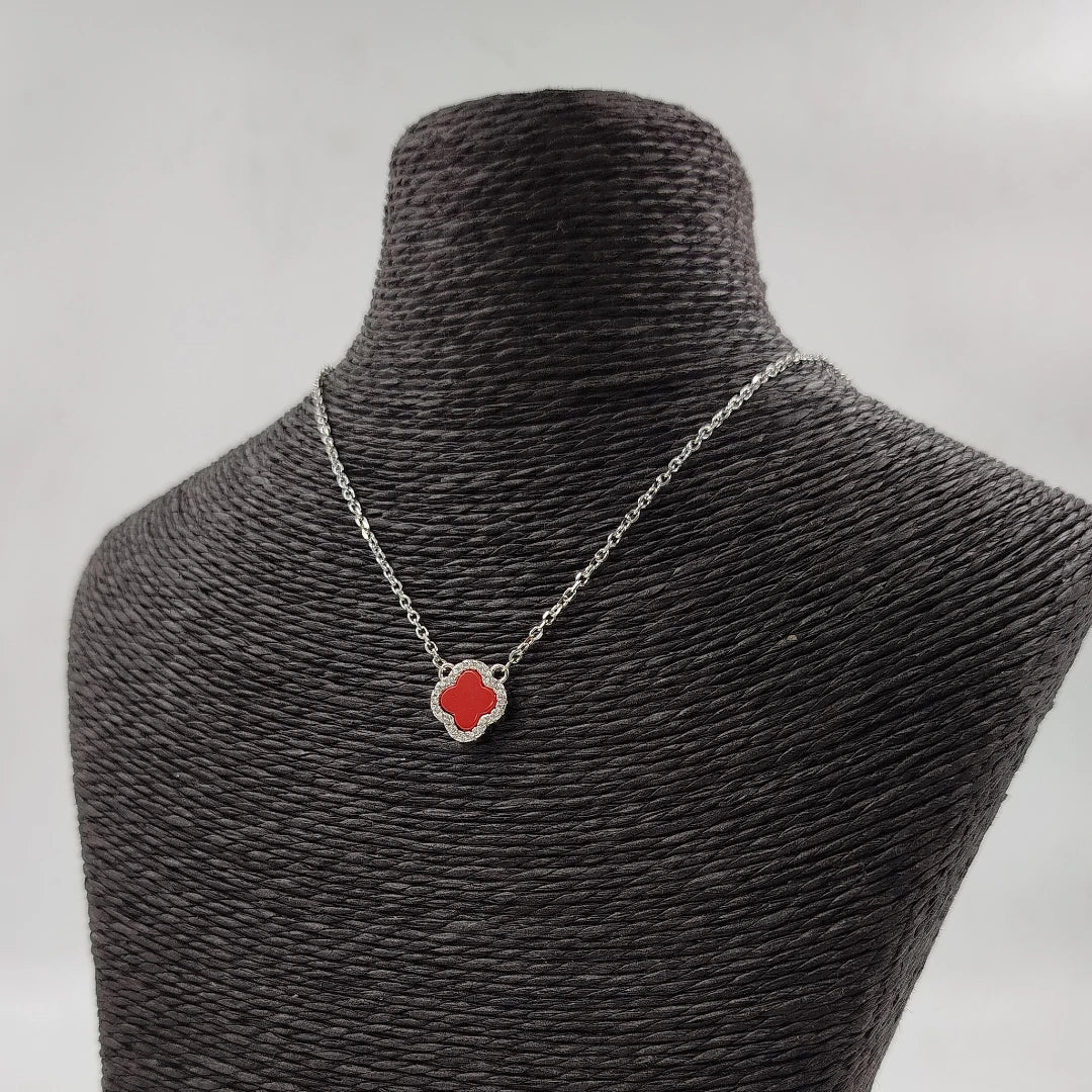 Van Cleef Four Leaf Clover Silver 925s Red Necklace