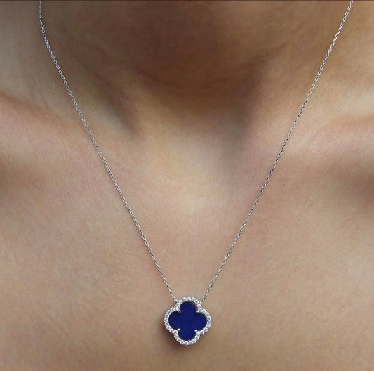 Van Cleef Four Leaf Clover Silver 925s Blue Necklace