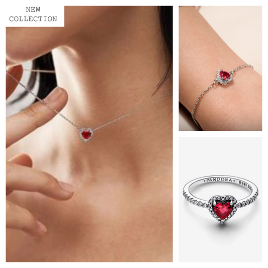 Pandora Heart Set (Necklace + Bracelet + Ring) Red Silver 925s