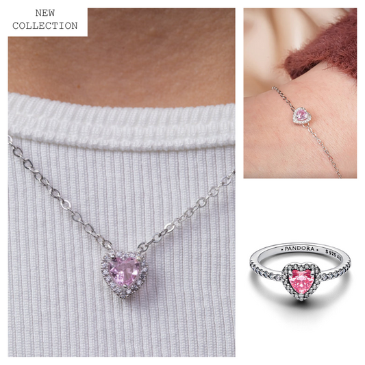 Pandora Heart Set (Necklace + Bracelet + Ring) Pink Silver 925s