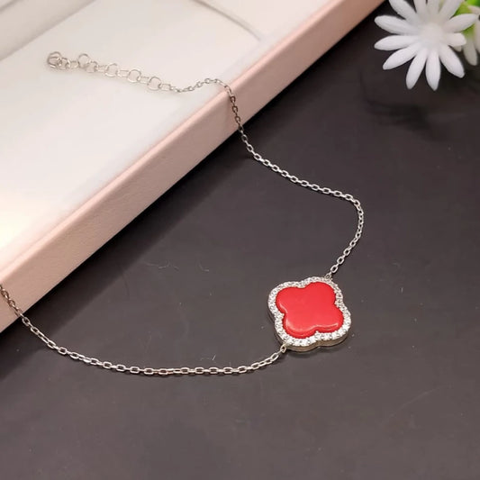 Van Cleef Four Leaf Clover Silver 925s Red Necklace