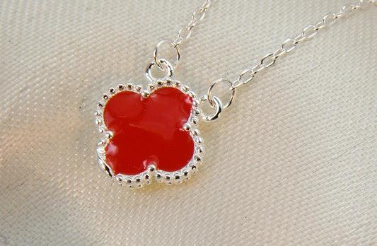 Van Cleef Four Leaf Clover Silver 925s Red Necklace